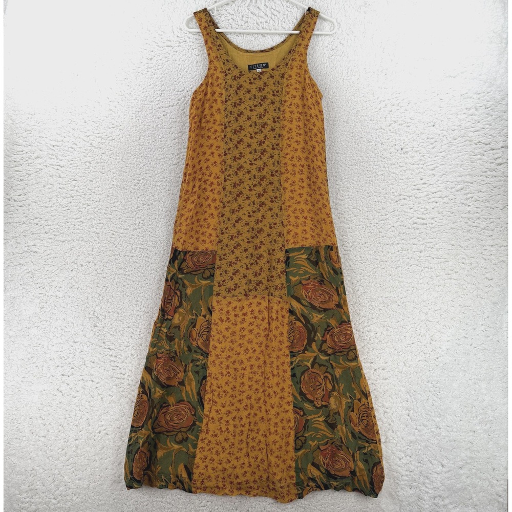 Citron Santa Monica Womens Floral Patchwork Maxi Dress Sleeveless Boho Yellow S